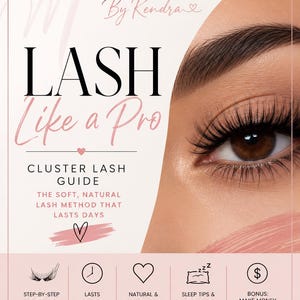 以下が含まれることがあります： 「LASH Like a Pro」というタイトルのピンクと白のガイドで、「CLUSTER LASH GUIDE」というテキストが入っています。このガイドは、何日も続く柔らかく自然なまつげの方法を約束します。ステップバイステップのアプリケーション、4〜5日間の持続性、自然で軽量、睡眠のヒントとアフターケアが含まれています。