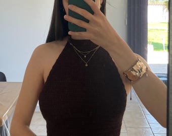 Top halter de ganchillo hecho a mano – Top halter de punto marrón chocolate – Top corto de ganchillo estilo boho – Regalo para ella – Hecho a mano en Francia
