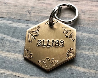 Name Tag for Dog, Hand Stamped Pet ID Tag, Flower Power, Personalized Dog Tag for Dog, Floral Dog Tag, Simple Dog Tag with posies
