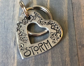 Dog Tags, Dog Tags for Dogs, Hand Stamped Dog Tag, Heart Shaped Washer Tag, Pet ID Tag, Tag with Floweres
