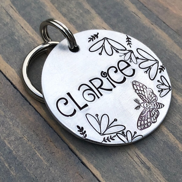 Death Moth Name Tag for Dog, Hand Stamped Pet ID Tag, Dog Tag with flowers & butterfly, Personalized Dog Tag for Dog, Hawkmoth Dog Tag,