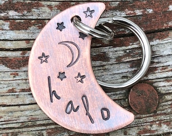 Custom Dog Tag for Dogs, Moon Shaped Dog Tag, Moon Pet ID, Moon & Stars Dog Tag, Halo