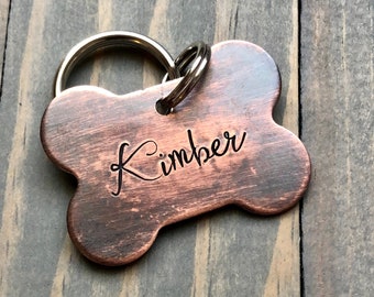 Dog Bone Tag - Hand Stamped Pet ID Tag - Personalized Dog Tag - Dog Collar Tag - Engraved Dog Tag - Bronze Dog Tag