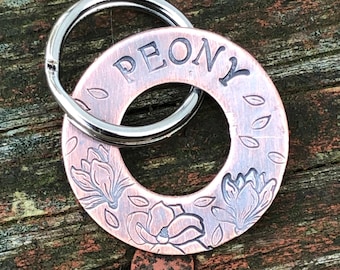 Dog Tags, Dog Tags for Dogs, Hand Stamped Dog Tag, Peony Washer Tag, Pet ID Tag, Dog Tag with Flowers