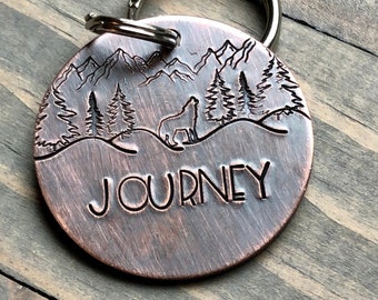 Dog Tag with Wolf, Journey, Wilderness Dog Tag, Adventure Dog ID Tag, Tag for Dog Collar, Trees, Mountains, Pet ID Tag