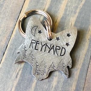 Custom Fox Dog Tag, Hand Stamped Pet ID, Personalized Dog Tag for Dog, Reynard Dog Tag, Fox with Trees, Moon & Stars