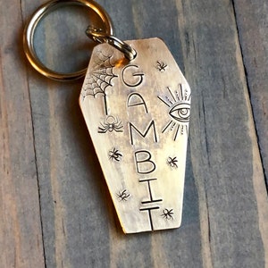 Custom Coffin Dog Tag, Hand Stamped Pet ID, Personalized Dog Tag for Dog, Halloween Collar Tag, Tag with Evil Eye and Spiders, Gambit