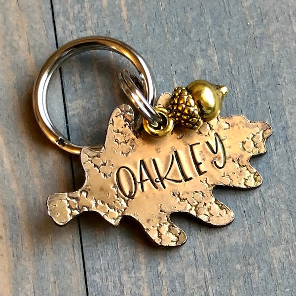 Custom Oak Leaf Dog Tag, Leaf Hand Stamped Pet ID with Optional Acorn Charm, Personalized Dog Tag for Dog, Oakley Dog Tag