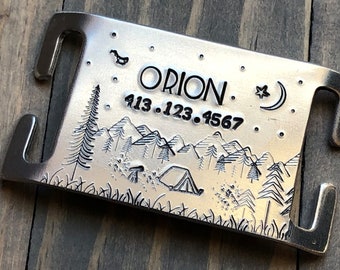 Quiet Slide Dog Tag, Silent Dog Tag, No Noise Dog Tag, Quiet Harness Slide, Camping, Stars, Mountains, Trees