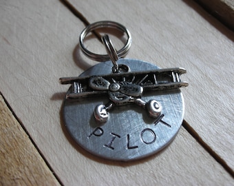 Custom Handstamped Dog/Pet ID Tag-Pilot-Sturdy Aluminum Disc with Bi-Plane