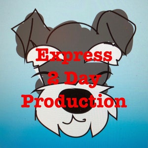 May include: A cartoon illustration of a dog's face with the text "Express 2 Day Production" in red. The dog's face is primarily white and gray, set against a gradient blue background.