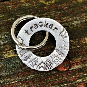 Dog Tags, Dog Tags for Dogs, Hand Stamped Dog Tag, Tracker Washer Tag, Pet ID Tag, Tag with mountains and trees