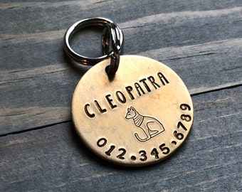 Name Tag for Cat, Hand Stamped Pet ID Tag, Cleopatra, Personalized Cat Tag for Kitty, Tag with Egyptian Cat, Sphinx