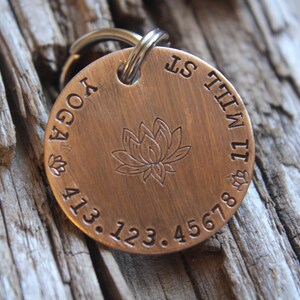 Custom ID Dog Tag, Namaste, Hand Stamped Dog Tag, Tag for Dog, Yoga Dog,  Puppy Tag, Tag with Lotus, Copper Dog Tag, Pet ID