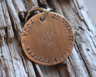 Custom ID Dog Tag, Namaste, Hand Stamped Dog Tag, Tag for Dog, Yoga Dog,  Puppy Tag, Tag with Lotus, Copper Dog Tag, Pet ID