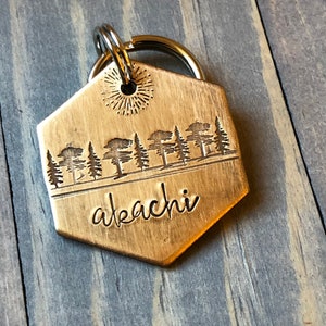 Name Tag for Dog, Hand Stamped Pet ID Tag, Cedar Tree, Personalized Dog Tag for Dog, Rustic Dog Tag, Simple Dog Tag with trees