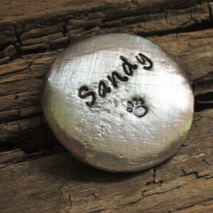 May include: Silver metal disc with the name "Sandy" engraved on it and a paw print.