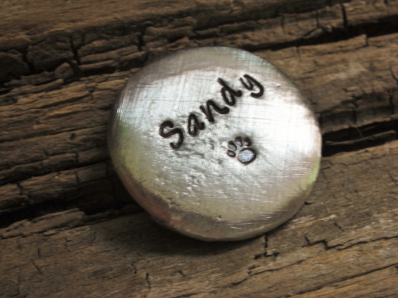 May include: Silver metal disc with the name "Sandy" engraved on it and a paw print.