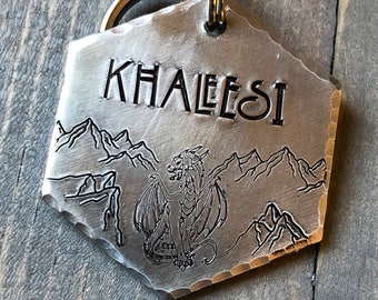 Personalized Dragon Dog Tag, Hand Stamped Pet ID, Custom Dog Tag for Dog, Khaleesi, Mother of Dragons, Gothic Dog Tag