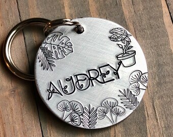 Name Tag for Dog, Hand Stamped Pet ID Tag, Audrey Dog Tag, Monster Plant, Dog Tag with Plants, Ferns, Leaves, Horror