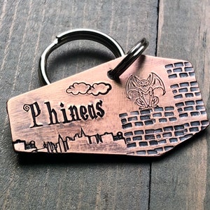 Gargoyle Coffin Dog Tag, Hand Stamped Pet ID, Personalized Dog Tag for Dog, Halloween Collar Tag, Tag with Gargoyle, Spooky Dog Tag, Phineas