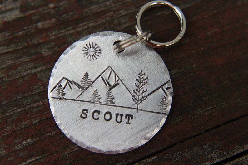 Pet ID with Mountains, Wilderness Tag, Dog ID Tag, Dog Tag with Trees, Hand stamped ID, Custom Dog Tag, Tag for Dog image 2