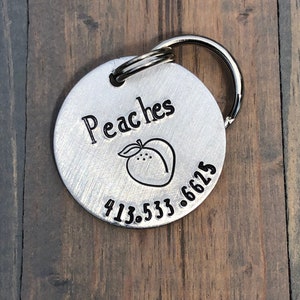 Name Tag for Dog, Hand Stamped Pet ID Tag, Peaches, Peach Personalized Dog Tag for Dog, Fruit Dog Tag,  Dog Tag with Peach