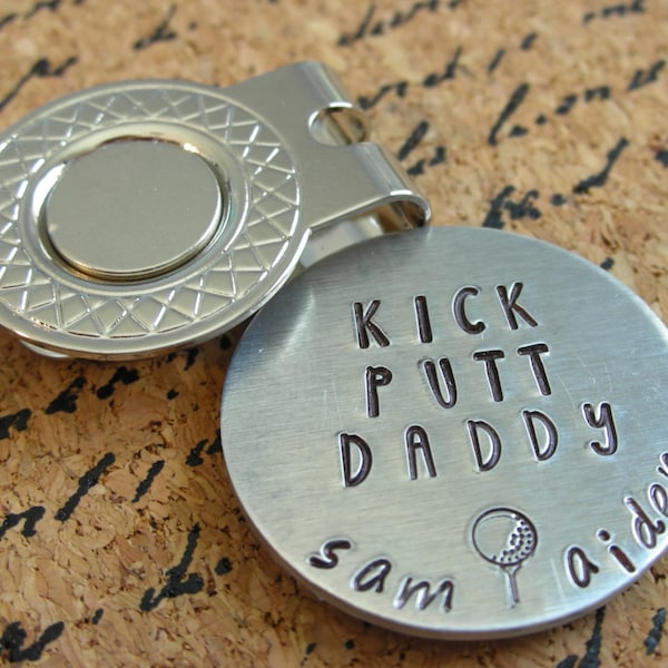 Personalized Golf Ball Marker-Magnetic Golf Ball Marker-Stamped Golf Ball Marker with Hat Clip-Kick Putt Dad-Gift for Golfer, Father's Day