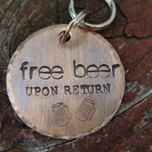 Custom Hand Stamped Dog ID Tag, Free Beer, Personalized Dog Tag, Copper Dog Tag, Aluminum Pet ID Tag, Hand Stamped Pet Tag image 1