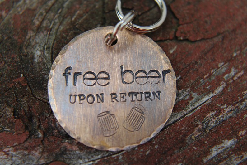 Custom Hand Stamped Dog ID Tag, Free Beer, Personalized Dog Tag, Copper Dog Tag, Aluminum Pet ID Tag, Hand Stamped Pet Tag image 1