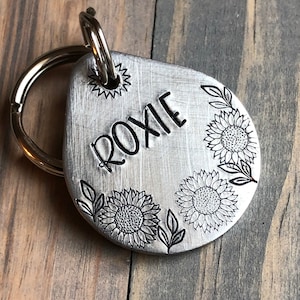 Custom Sunflower Dog Tag, Hand Stamped Pet ID, Personalized Dog Tag, Floral Dog Tag, Botanical Dog Tag