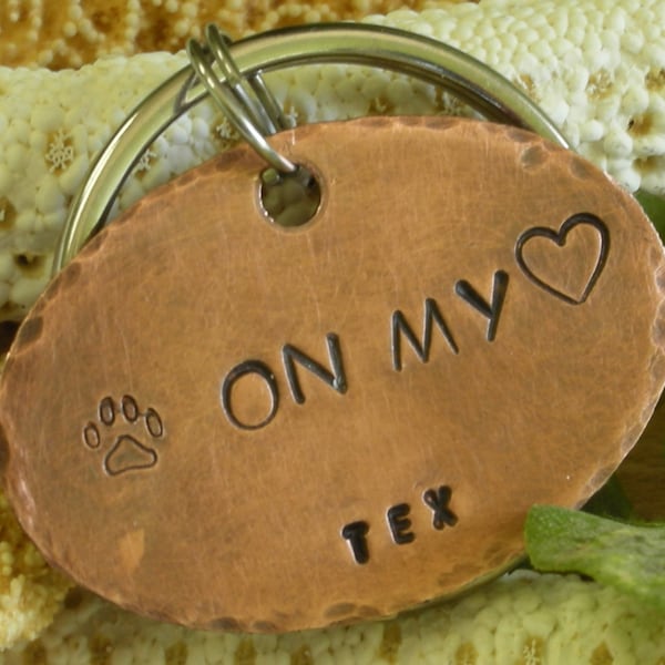 Copper Handstamped Pet Memorial Remembrance Keychain-Pawprints on my Heart