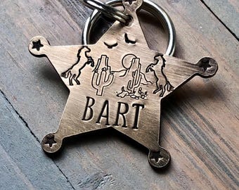 Sheriff Badge Dog Tag, Western Style Pet ID, Tag for Dog Collar, Personalized, Custom, Cowboy, Horse, Cactus