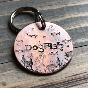Name Tag for Dog, Hand Stamped Pet ID Tag, Shark, Personalized Dog Tag for Dog, Ocean with Shark Dog Tag, Jellyfish, Hammerhead Shark