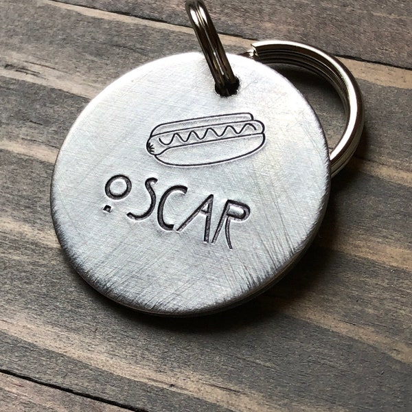 Custom Hot Dog Dog Tag, Hand Stamped Pet ID, Personalized Dog Tag for Dog, Dachshund Dog Tag, Weiner Dog Tag