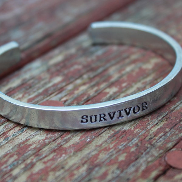 Handstamped Pewter Survivor Bracelet-Pewter Cuff Cancer Survivor Bracelet-Inspirational Cancer Survivor Bangle Bracelet