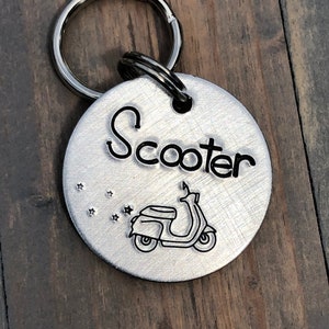 Name Tag for Dog, Hand Stamped Pet ID Tag, Scooter, Vespa, Dog Tag with Scooter