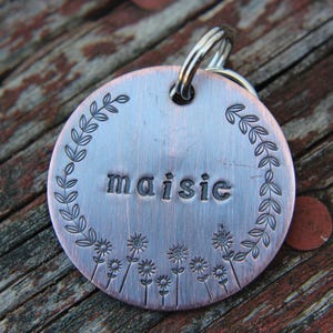 Custom ID Dog Tag, The Maisie, Hand Stamped Dog Tag, Tag for Dog, Puppy Tag, Tag with Flowers, Copper Dog Tag, Pet ID, Identification Tag