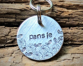 Dog Tag with Pansy, Custom Hand Stamped Dog ID Tag, Personalized Dog Tag, Foral Dog Tag, Pet ID Tag with flowers, Hand Stamped Pet Tag