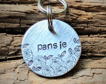 Dog Tag with Pansy, Custom Hand Stamped Dog ID Tag, Personalized Dog Tag, Foral Dog Tag, Pet ID Tag with flowers, Hand Stamped Pet Tag