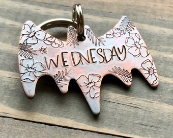 Custom Dog Tag, Bat Shaped Pet ID, Bat Dog Tag, Dog Collar with Flowers, Flowered Bat Pet Tag, Personalized Dog Tag, Tattoo Pet Tag