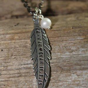 Custom Silver Feather Necklace, Handstamped Feather Necklace,Modern Mommy Necklace,Pewter Eagle Feather, Simple Long Necklace, Boho Necklace