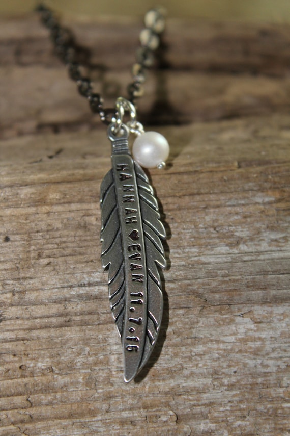 Custom Silver Feather Necklace, Handstamped Feather Necklace 