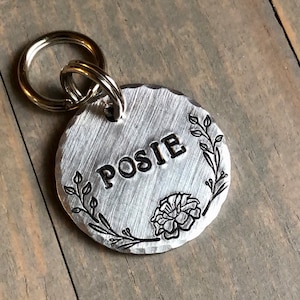 Name Tag for Dog, Hand Stamped Pet ID Tag, Posie, Personalized Dog Tag for Dog, Flower Dog Tag, Floral Dog Tag