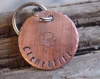 Custom ID Dog Tag, Solitary Poppy, Hand Stamped Dog Tag, Tag for Dog, Puppy Tag, Tag with Poppy, Copper Dog Tag, Pet ID