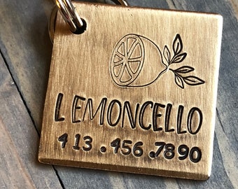 Personalized Name Tag for Dog, Hand Stamped Pet ID, Lemon Dog Tag, Dog Tag with Lemon