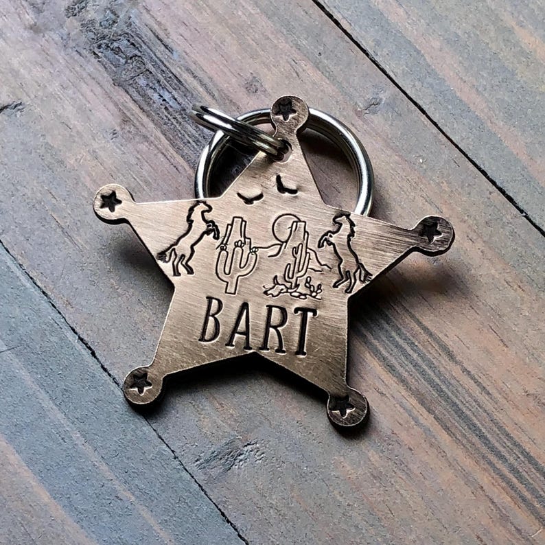 May include: A bronze star-shaped keychain with a cowboy theme. The keychain features two horses, cacti, and the name "BART" engraved on the front.