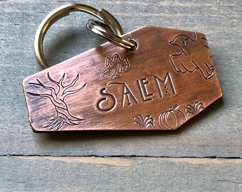 Custom Coffin Dog Tag, Hand Stamped Pet ID, Personalized Dog Tag for Dog, Halloween Collar Tag, Tag with Ghosts, Spooky Dog Tag, Salem