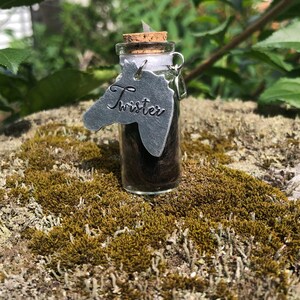 May include: A small glass bottle with a cork top filled with dark brown horse hair. A silver horse head charm with the word "Twister" engraved on it hangs from the bottle.