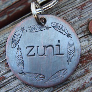 Hand Stamped Dog ID Tag,The Zuni, Pet Id Tag, Tag for Dog, Puppy Tag, Tag with Feathers, Copper Dog Tag, Pet ID, Identification Tag
